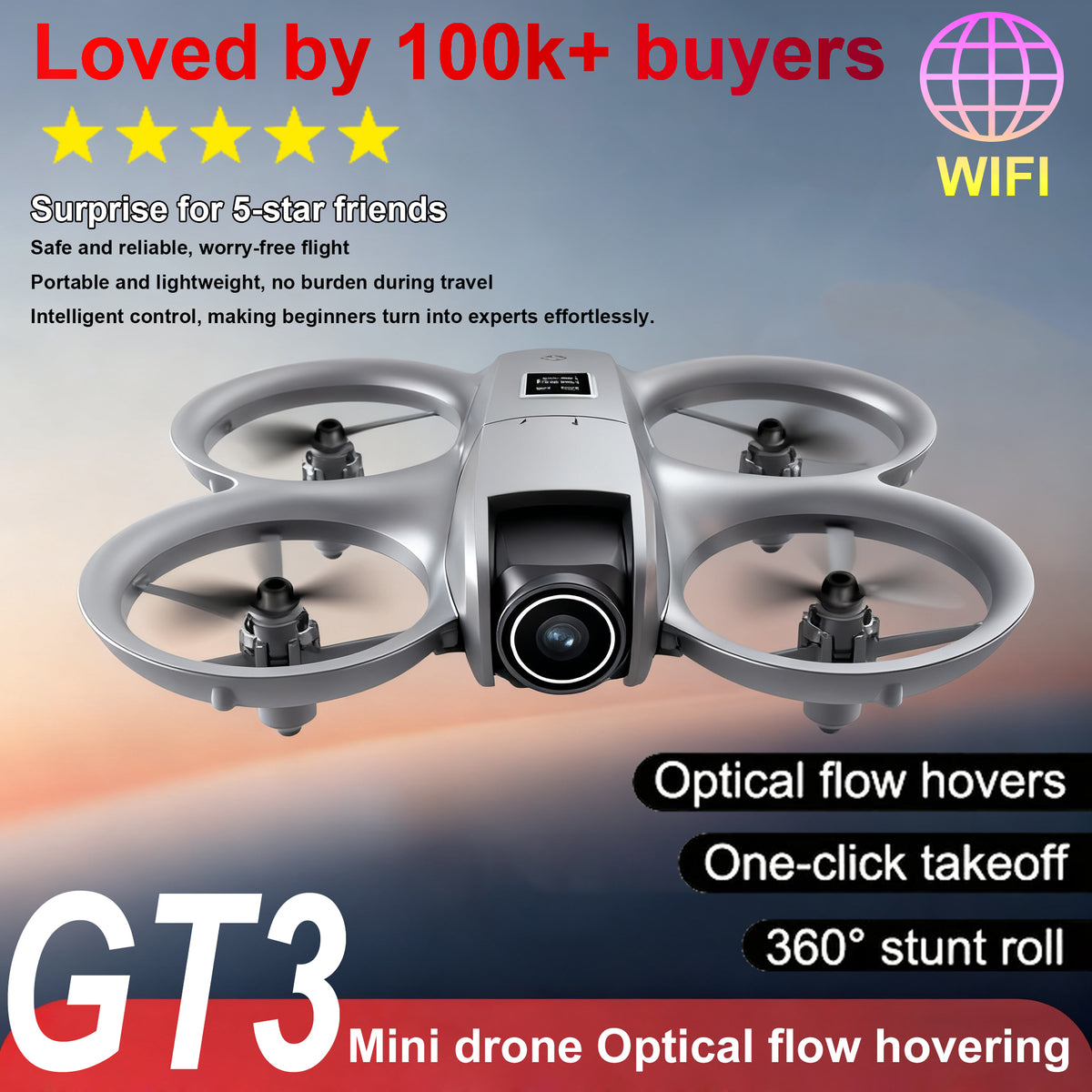 Mini RC Drone with 480P Camera, Wi-Fi Video Transmission, Stunt Flips & LED Lights